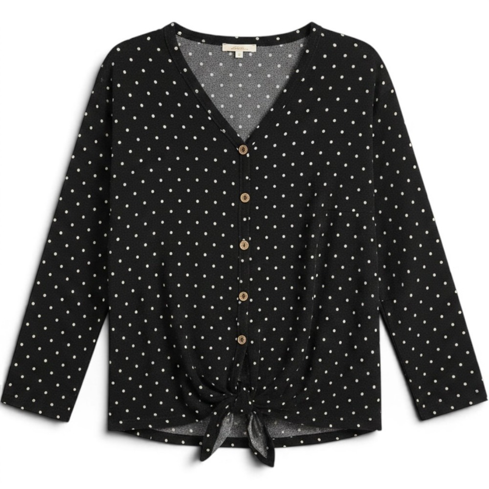 Andree by UNIT Black Polka Dot Tie‎ Front Button Down Knit Top Small